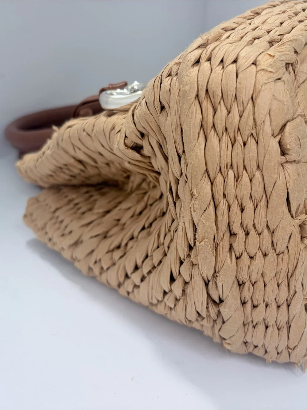 Woven Straw Tote Handbag with Brown Leather Trim